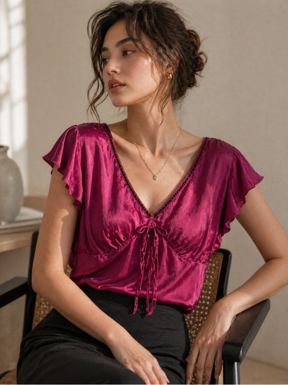 Vintage Smart Set 100% Silk Blouse Velvet Trim Y2K V-Neck Flutter Sleeve Top